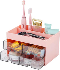 Desk Organizer with 4 Drawers and 4 compartment for Room Décor, Makeup Supplies Skincare Stuff Storage Box, Office Desk Accessories, Desktop Pen Holder, Pink