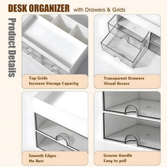 Desk Organizer with 4 Drawers and 4 compartment for Room Décor, Makeup Supplies Skincare Stuff Storage Box, Office Desk Accessories, Desktop Pen Holder, Pink