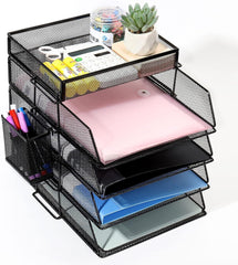 5 Tier Stackable Letter Tray Office Desk Paper Organizer File Trays with Pen Holder - StorageMart