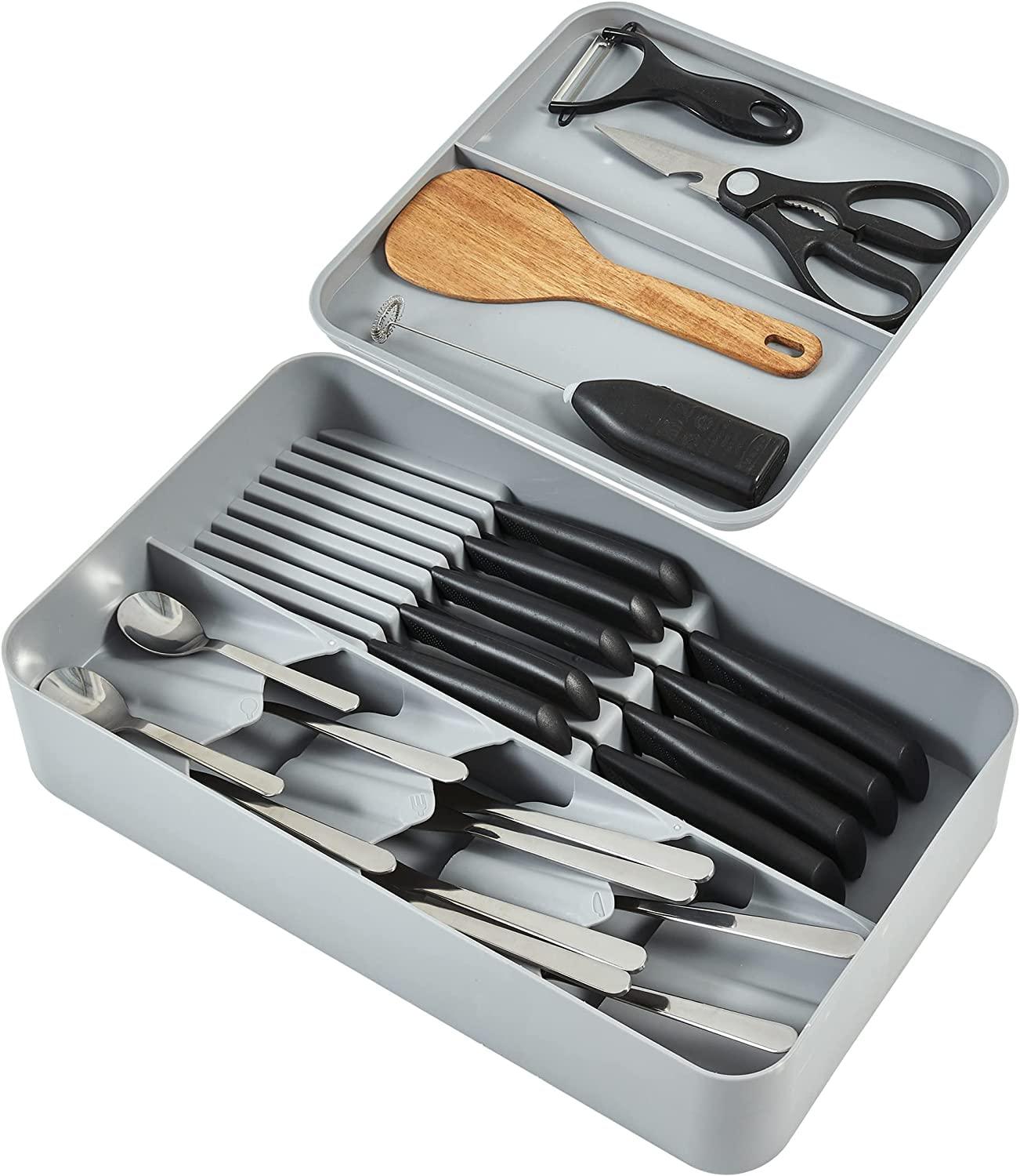 StorageMart 2 Layer Knife, spoons and tools drawer with small plate | Size - 39.5 x 24 x 8 CM | Plastic | Grey - StorageMart