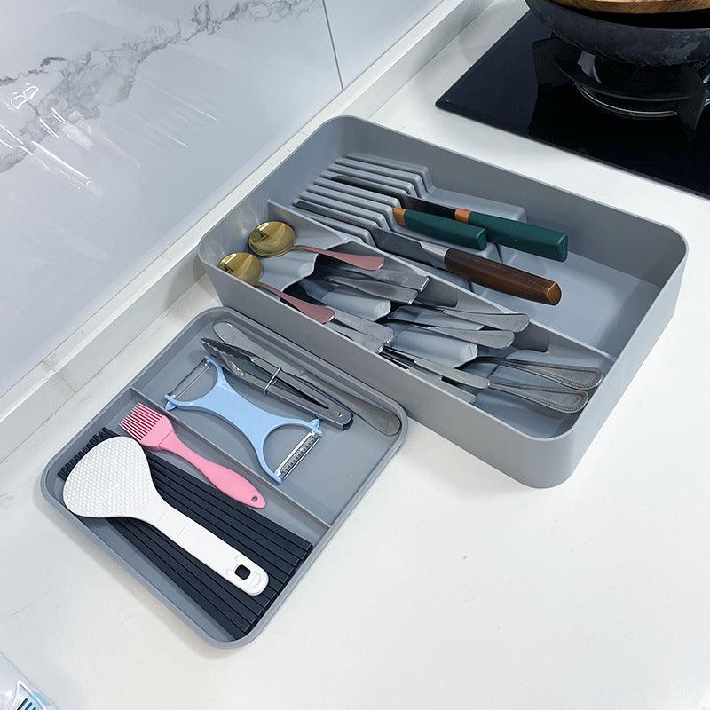 StorageMart 2 Layer Knife, spoons and tools drawer with small plate | Size - 39.5 x 24 x 8 CM | Plastic | Grey - StorageMart