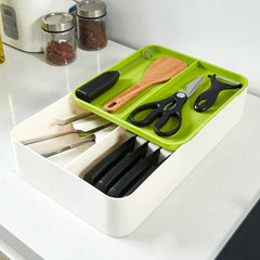 StorageMart 2 Layer Knife With Spoon Holder Kitchen Drawer Organizer |39.5 x 24 x 8 CM | Plastic | White - StorageMart