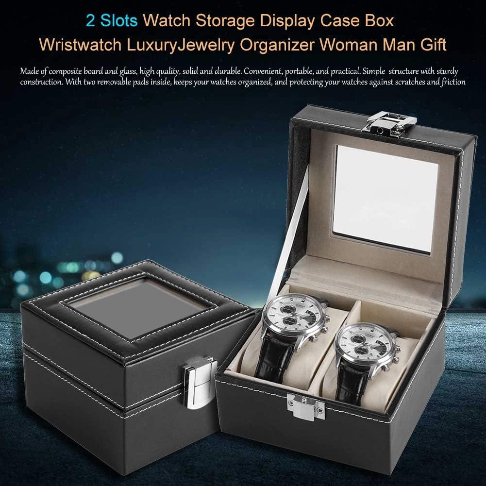 StorageMart 2 Slot Watch Storage Box Leather Box Jewelry Storage Organizer Storage Case For Men & Women, 11 X 11 X 8 CM, Black - StorageMart