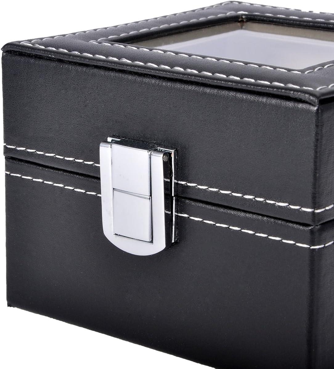 StorageMart 2 Slot watch storage box | Watch display box with glass cover for men & women | PU Leather | 11 x 11 x 8 CM | Black - StorageMart