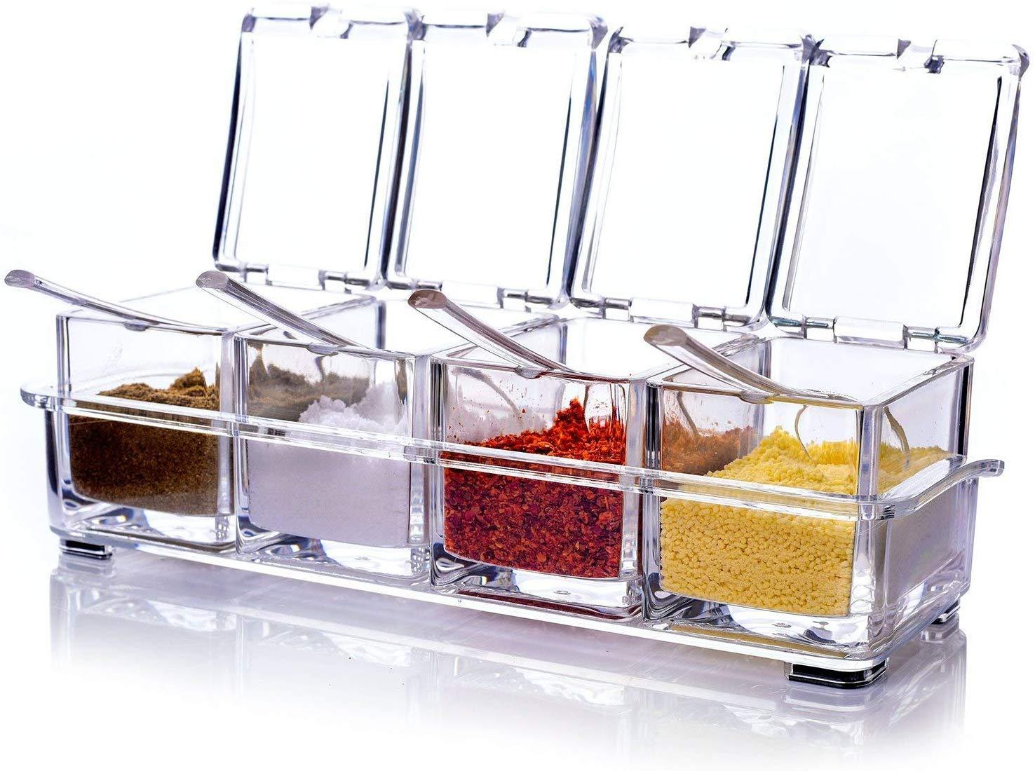 StorageMart 4 Grid Acrylic Seasoning Spice Box for Kitchen, 3.25 X 10.25 X 4.125 Inch, Transparent - StorageMart