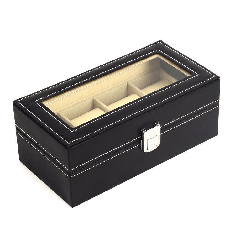 StorageMart 4 Slot watch storage box | Watch display box with glass cover for men & women | PU Leather | 20 x 11 x 8 CM | Black - StorageMart