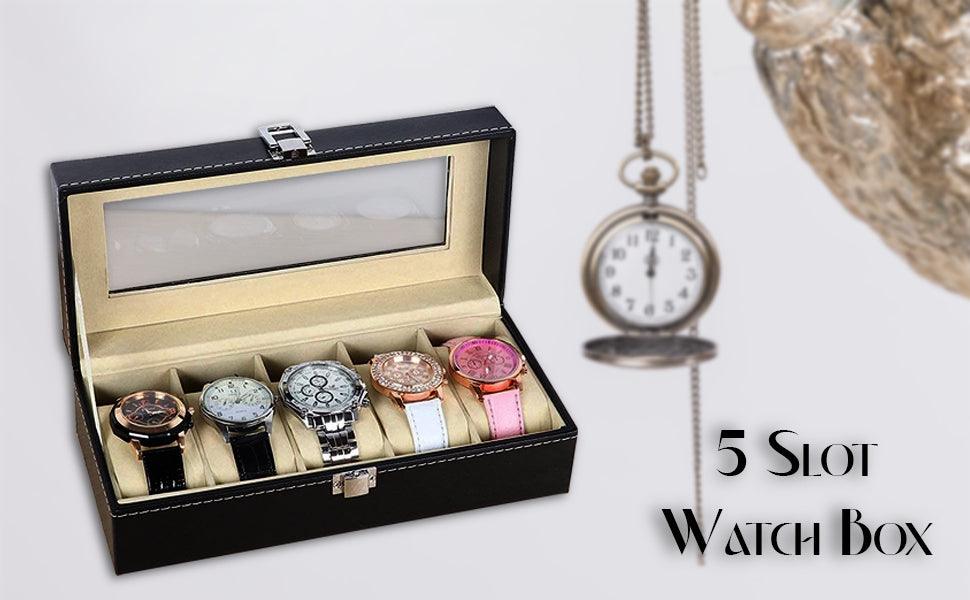 StorageMart 5 Slot watch storage box | Watch display box with glass cover for men & women | PU Leather | 25 x 11 x 8 CM | Black - StorageMart