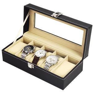 StorageMart 5 Slot watch storage box | Watch display box with glass cover for men & women | PU Leather | 25 x 11 x 8 CM | Black - StorageMart