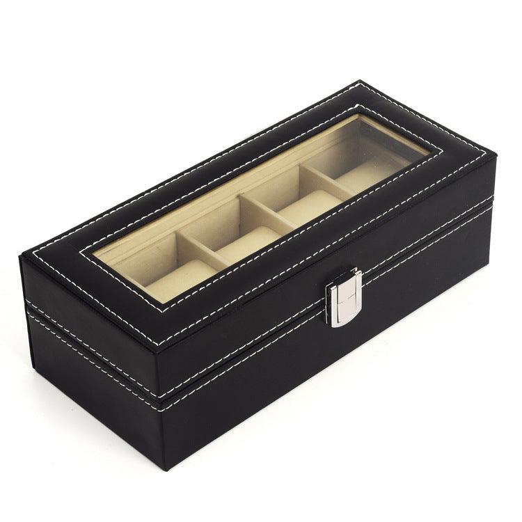 StorageMart 5 Slot watch storage box | Watch display box with glass cover for men & women | PU Leather | 25 x 11 x 8 CM | Black - StorageMart