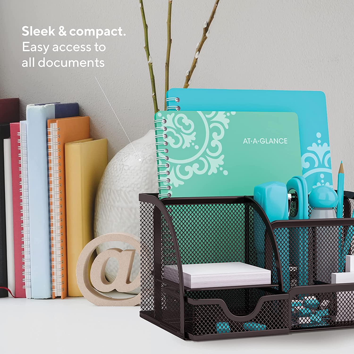 StorageMart 6 Compartment And 1 Drawer Metal Desk Organizer, 8.8 x 5.5 x 5 Inch, Black - StorageMart