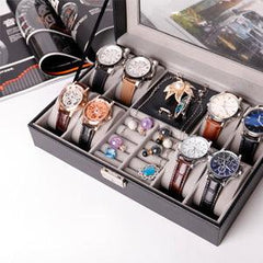 StorageMart 8 Watch 2 Ring Compartment-Men's/Women's Leather Watch Box Organizer Case Multi Slot, 30 X 20 X 8 cm, Black - StorageMart