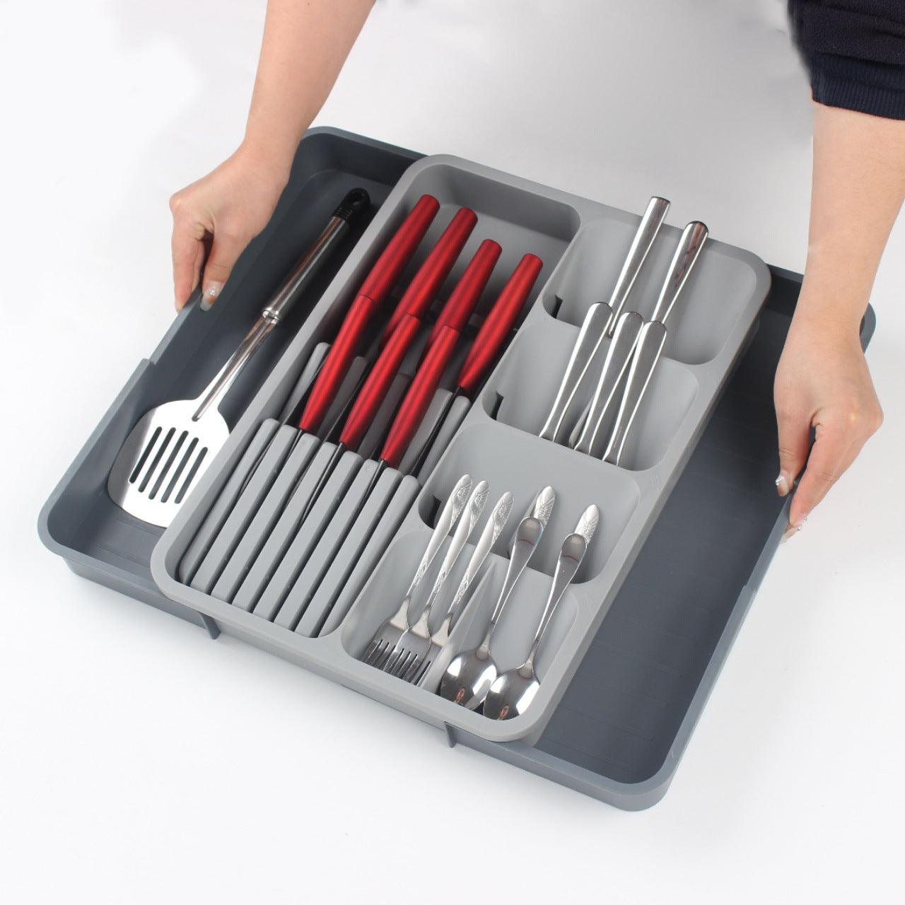 StorageMart Expandable cutlery drawer with knife and spoons saver space, adjustable utensils holder |size -39.5 X 56 X 5.5 | Plastic | Grey - StorageMart