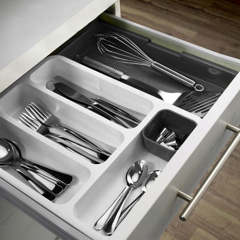 StorageMart Expandable Cutlery Tray Drawer, organize spoon, knives, cutleries, tools etc. | Size - 38 x 29 x 5.5 cm |Plastic | Grey - StorageMart