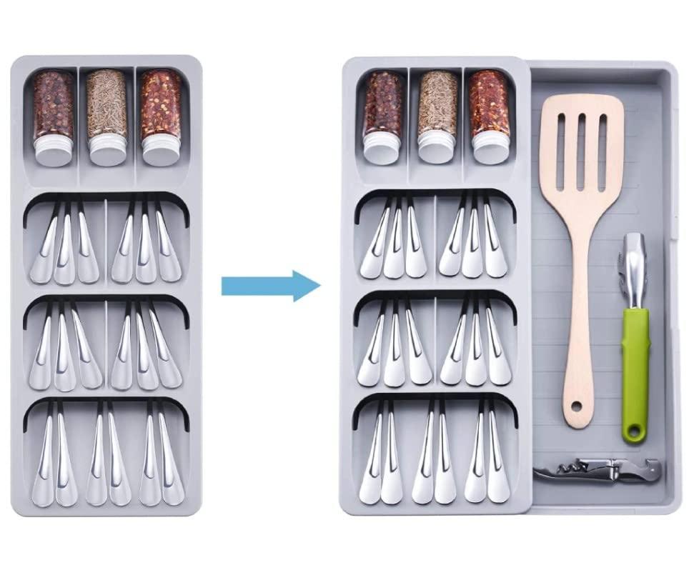 StorageMart Kitchen Storage tray for spoons, forks and utensils. Expandable and adjustable | 40 x 30 x 5.5 cm | Plastic | Grey - StorageMart