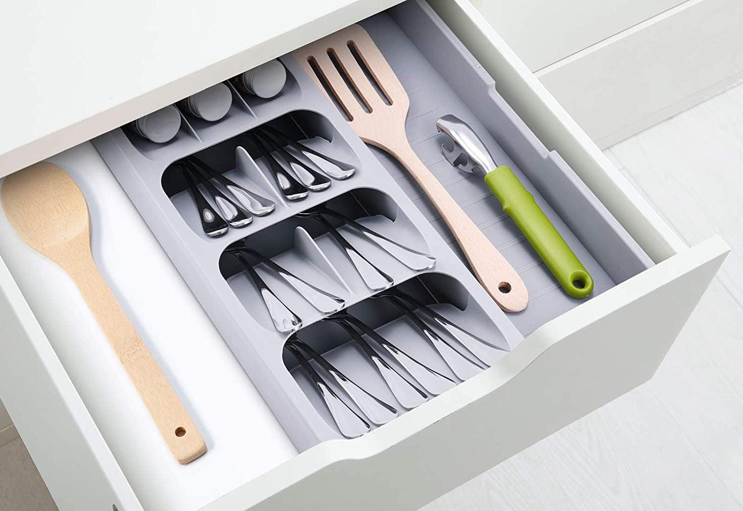 StorageMart Kitchen Storage tray for spoons, forks and utensils. Expandable and adjustable | 40 x 30 x 5.5 cm | Plastic | Grey - StorageMart