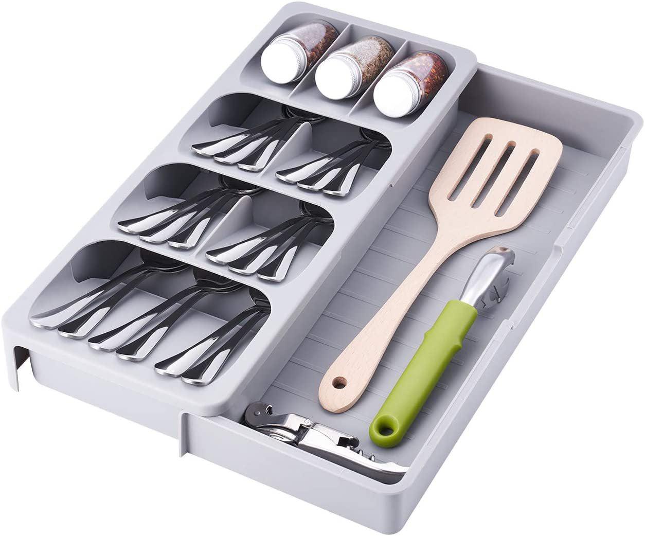 StorageMart Kitchen Storage tray for spoons, forks and utensils. Expandable and adjustable | 40 x 30 x 5.5 cm | Plastic | Grey - StorageMart