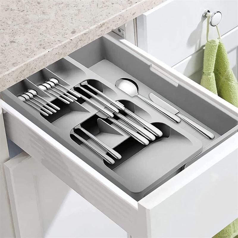 StorageMart Kitchen Storage tray for spoons, forks and utensils. Expandable and adjustable | 40 x 30 x 5.5 cm | Plastic | Grey - StorageMart