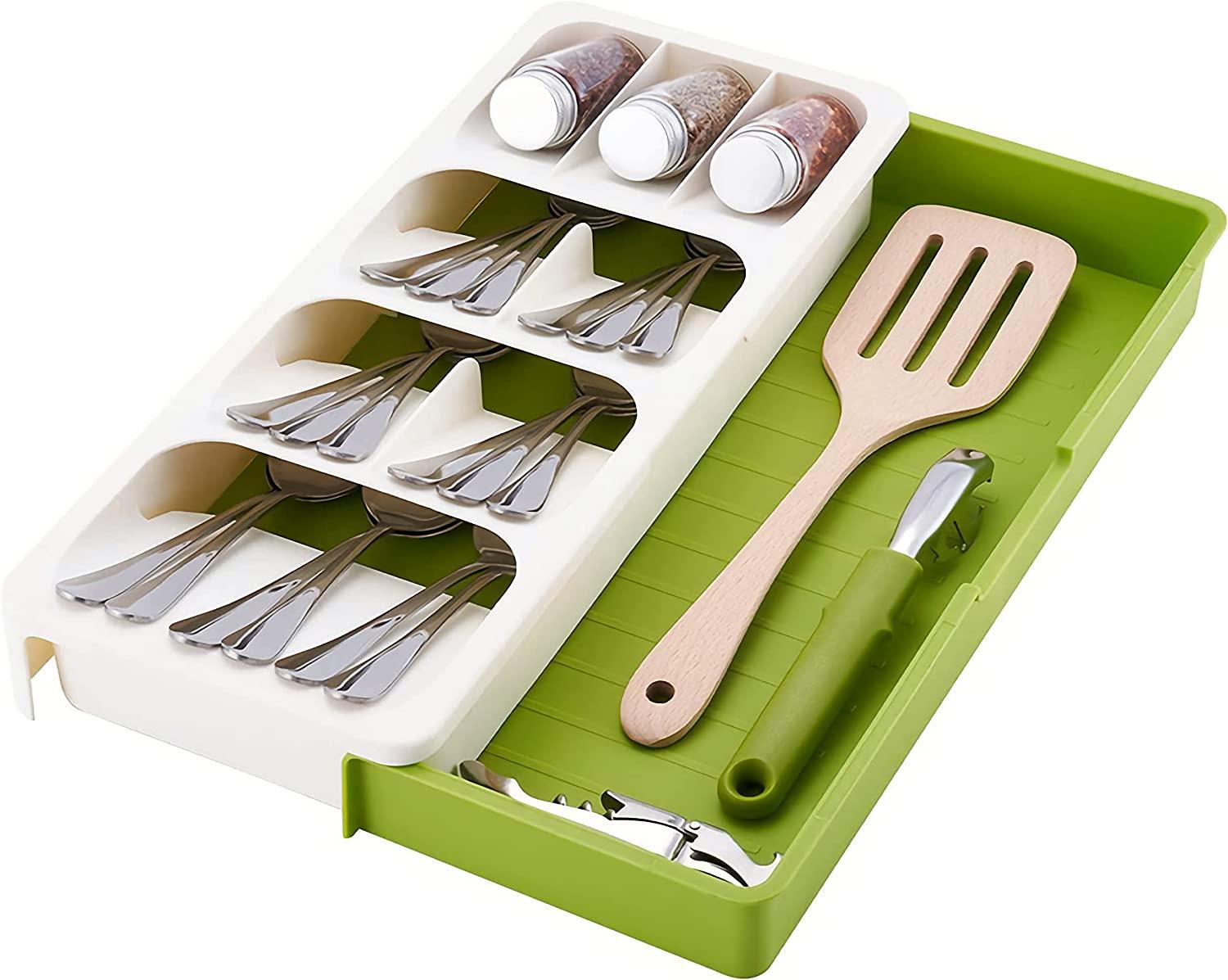 StorageMart Kitchen Storage tray for spoons, forks and utensils. Expandable and adjustable | 40 x 30 x 5.5 cm | Plastic | White - StorageMart