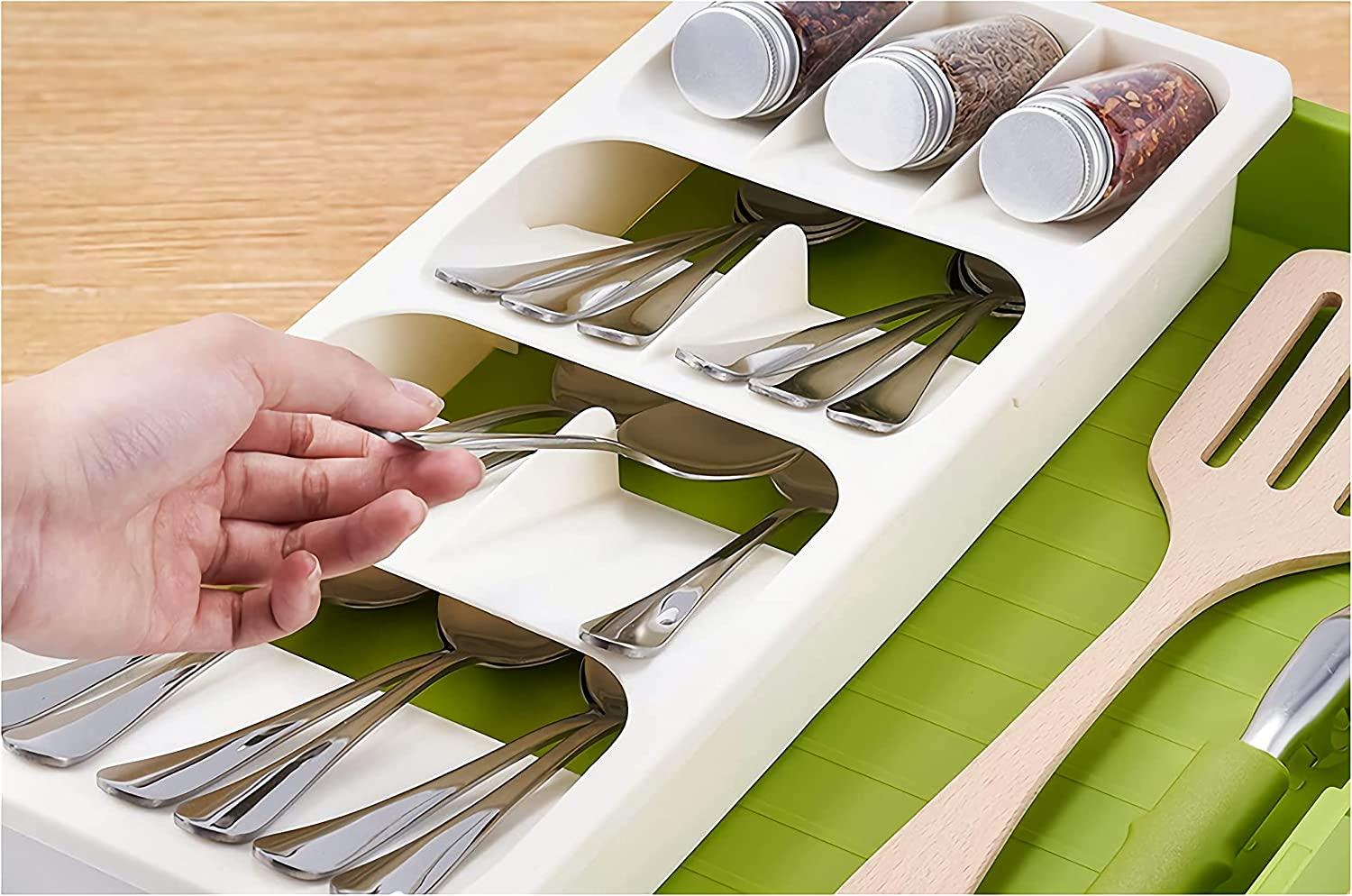 StorageMart Kitchen Storage tray for spoons, forks and utensils. Expandable and adjustable | 40 x 30 x 5.5 cm | Plastic | White - StorageMart