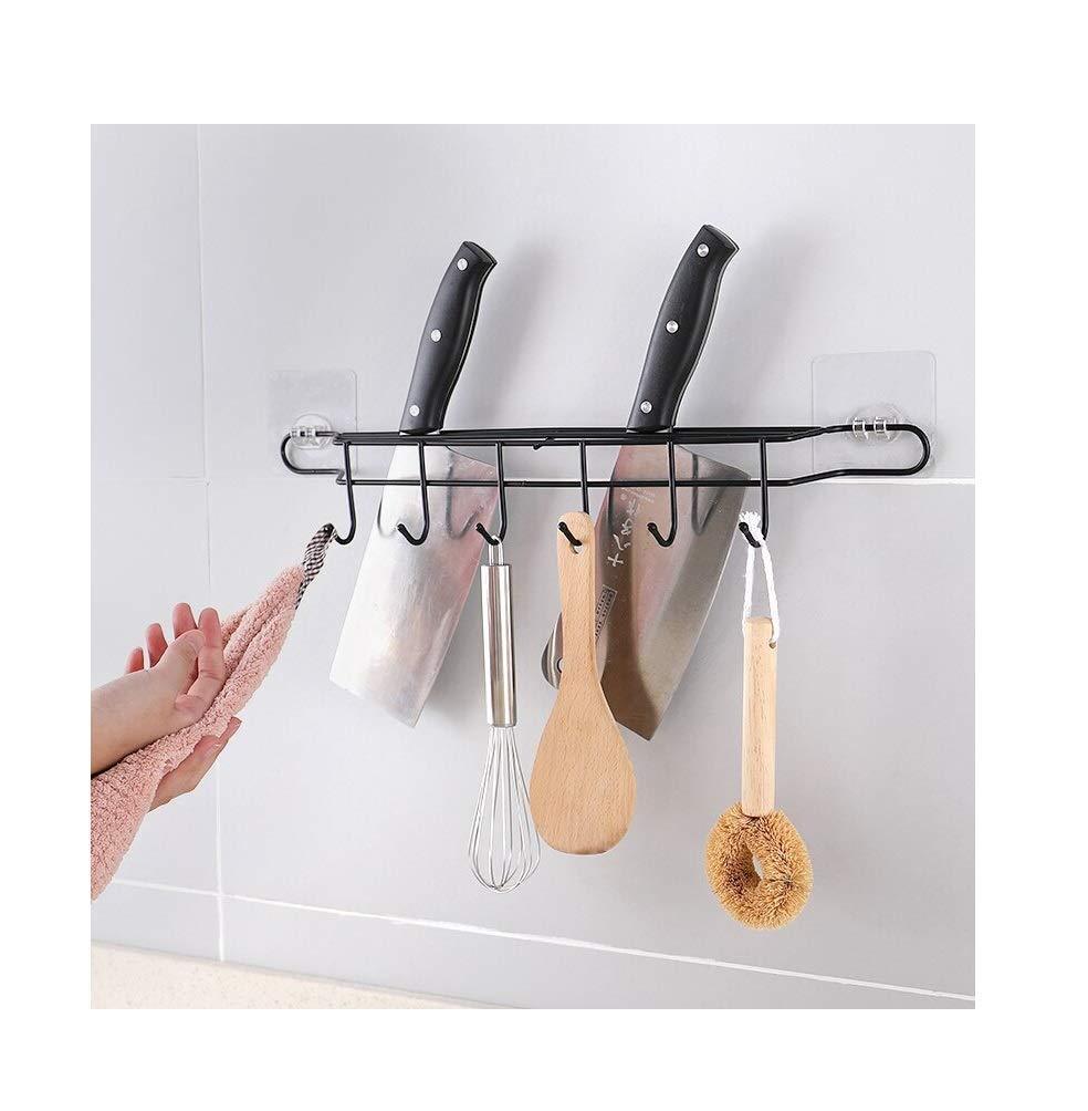 StorageMart Metal Adhesive 6 Hook Coat Hanger Towel Holder Organizer For Door Bathroom Rail Utensil Pan Cookware, 45 X 6 X 8 CM, Black - StorageMart