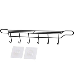 StorageMart Metal Adhesive 6 Hook Coat Hanger Towel Holder Organizer For Door Bathroom Rail Utensil Pan Cookware, 45 X 6 X 8 CM, Black - StorageMart