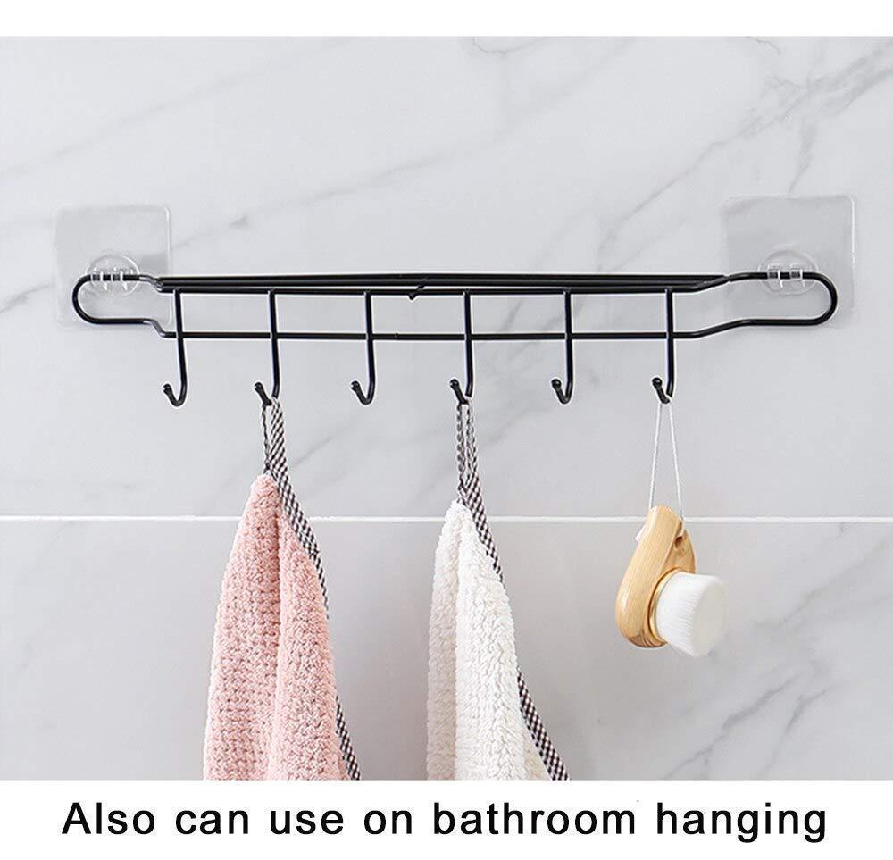 StorageMart Metal Adhesive 6 Hook Coat Hanger Towel Holder Organizer For Door Bathroom Rail Utensil Pan Cookware, 45 X 6 X 8 CM, Black - StorageMart