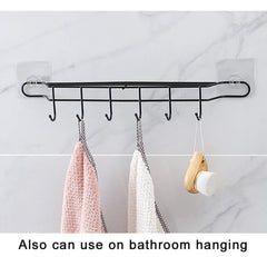 StorageMart Metal Adhesive 6 Hook Coat Hanger Towel Holder Organizer For Door Bathroom Rail Utensil Pan Cookware, 45 X 6 X 8 CM, Black - StorageMart