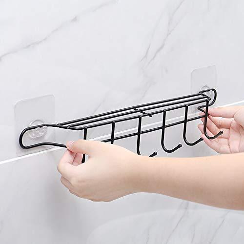 StorageMart Metal Adhesive 6 Hook Coat Hanger Towel Holder Organizer For Door Bathroom Rail Utensil Pan Cookware, 45 X 6 X 8 CM, Black - StorageMart