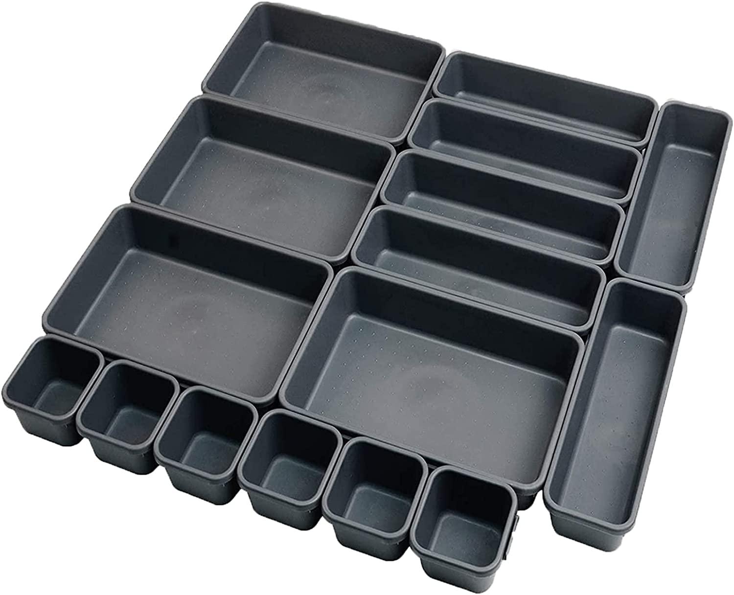 StoragrMart plastic Interlocking Cutlery Drawer Desk Organizer (Dark Grey) - Set of 16 - StorageMart